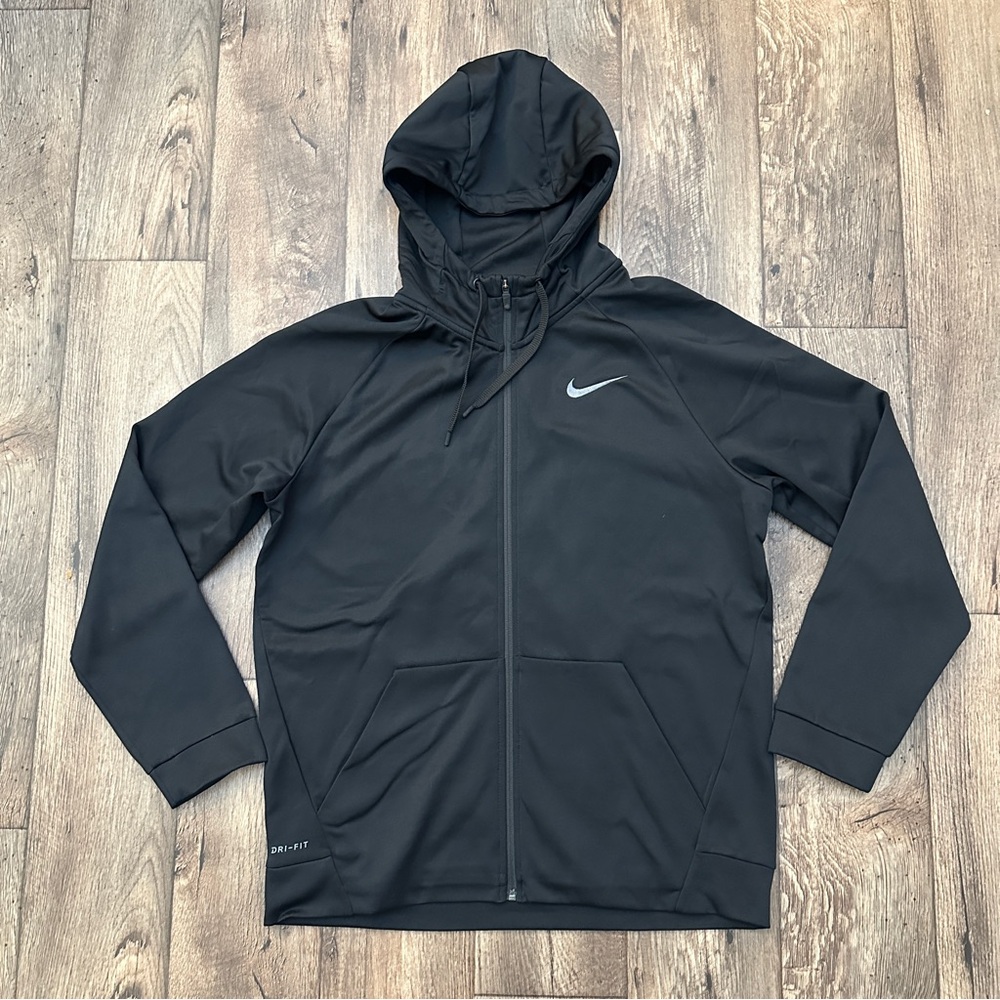 Nike Dri-Fit Hooded Full Zip Pockets Embroidered Logo Jacket Men's Size L Black